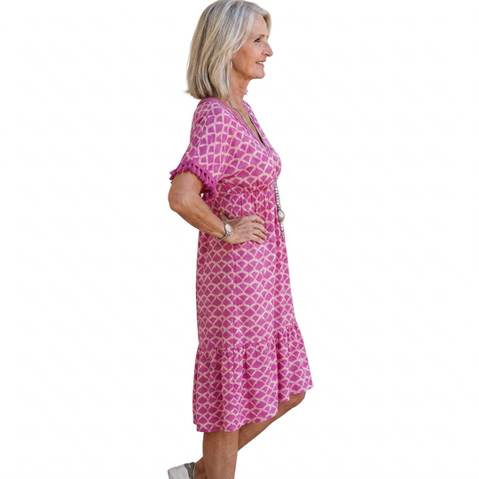 Women's Floral Print Midi Dress with Short Sleeves and V-neck