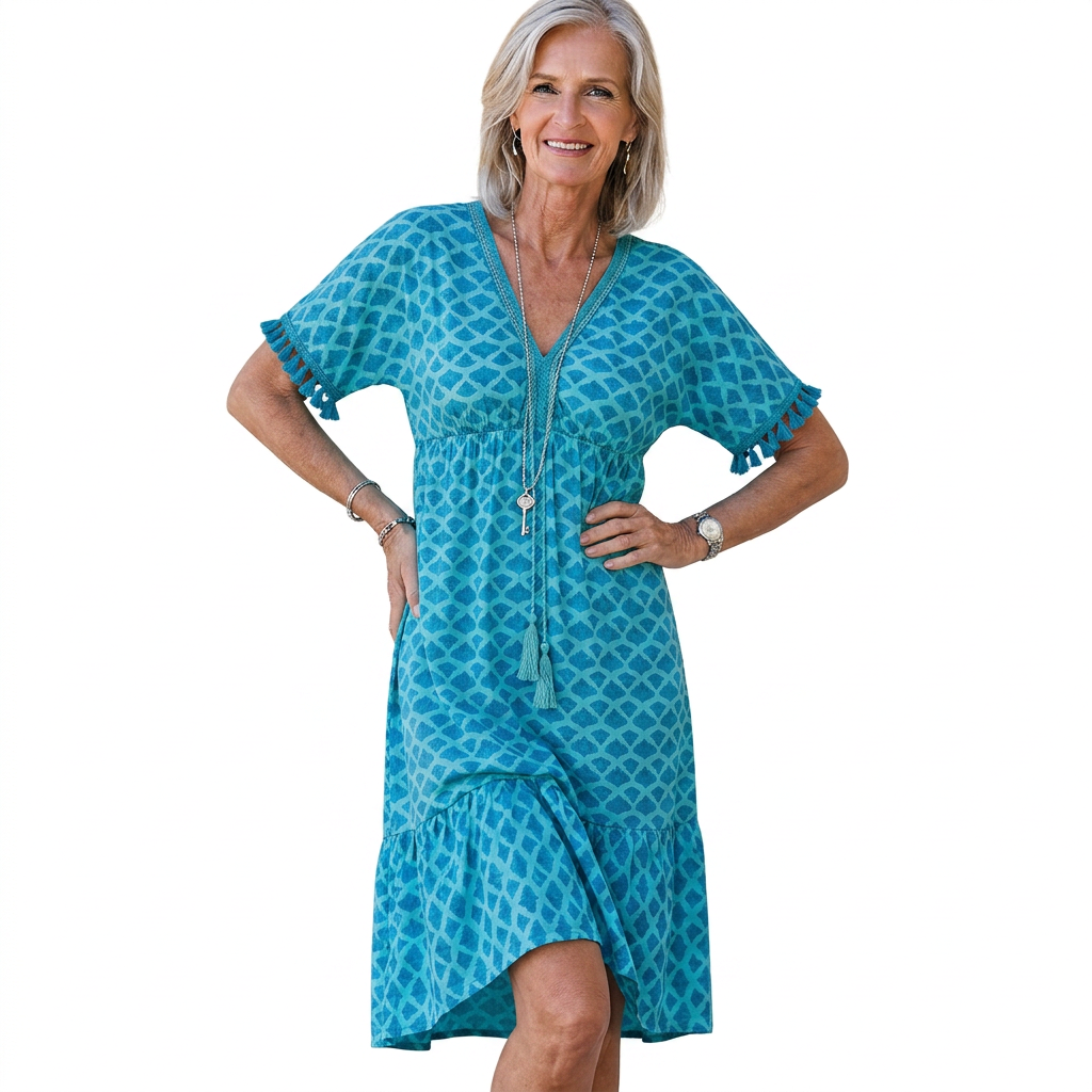 Women's Floral Print Midi Dress with Short Sleeves and V-neck