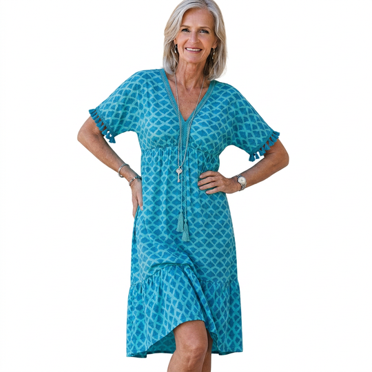 Women's Floral Print Midi Dress with Short Sleeves and V-neck