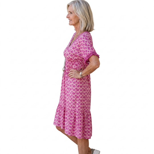Women's Floral Print Midi Dress with Short Sleeves and V-neck