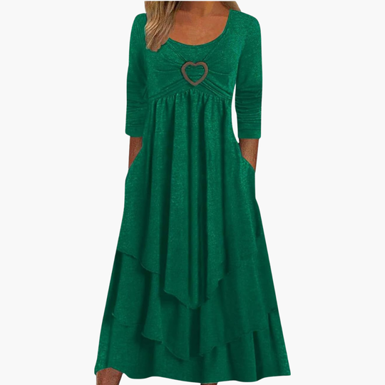 Women's Long Sleeve Midi Dress with Round Neckline and Tiered Design