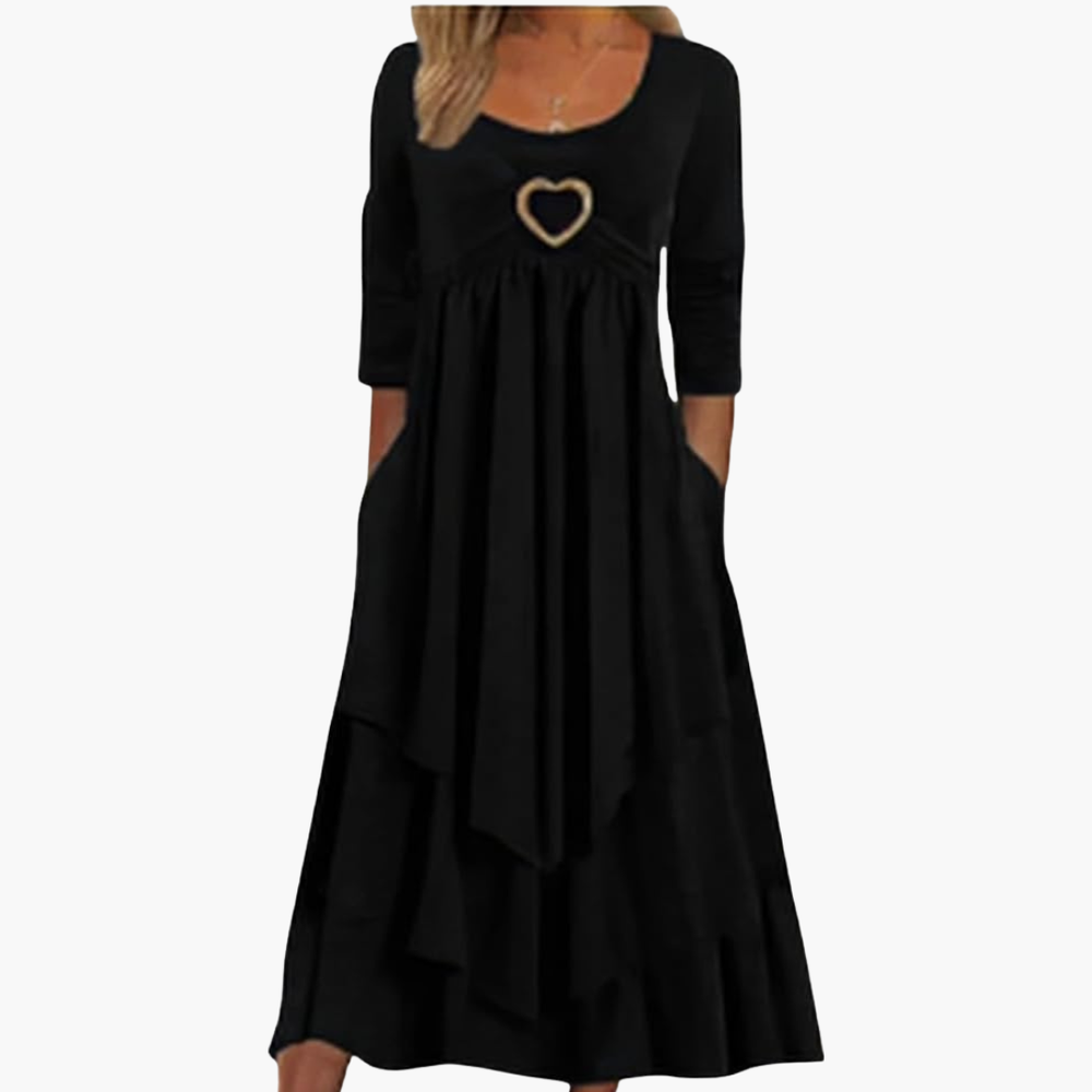 Women's Long Sleeve Midi Dress with Round Neckline and Tiered Design
