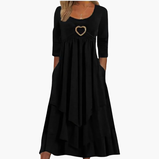 Women's Long Sleeve Midi Dress with Round Neckline and Tiered Design