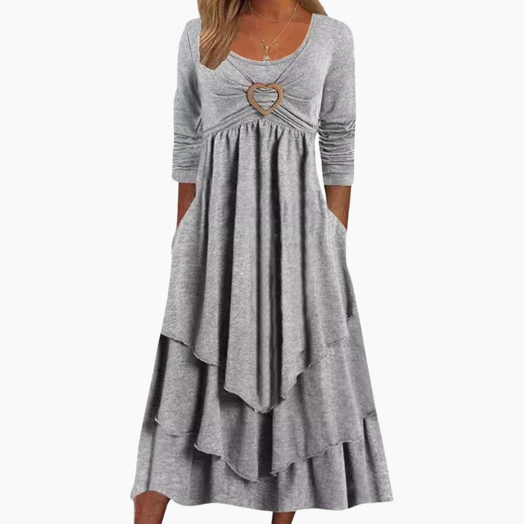 Women's Long Sleeve Midi Dress with Round Neckline and Tiered Design