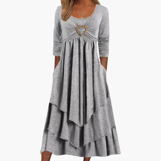 Women's Long Sleeve Midi Dress with Round Neckline and Tiered Design