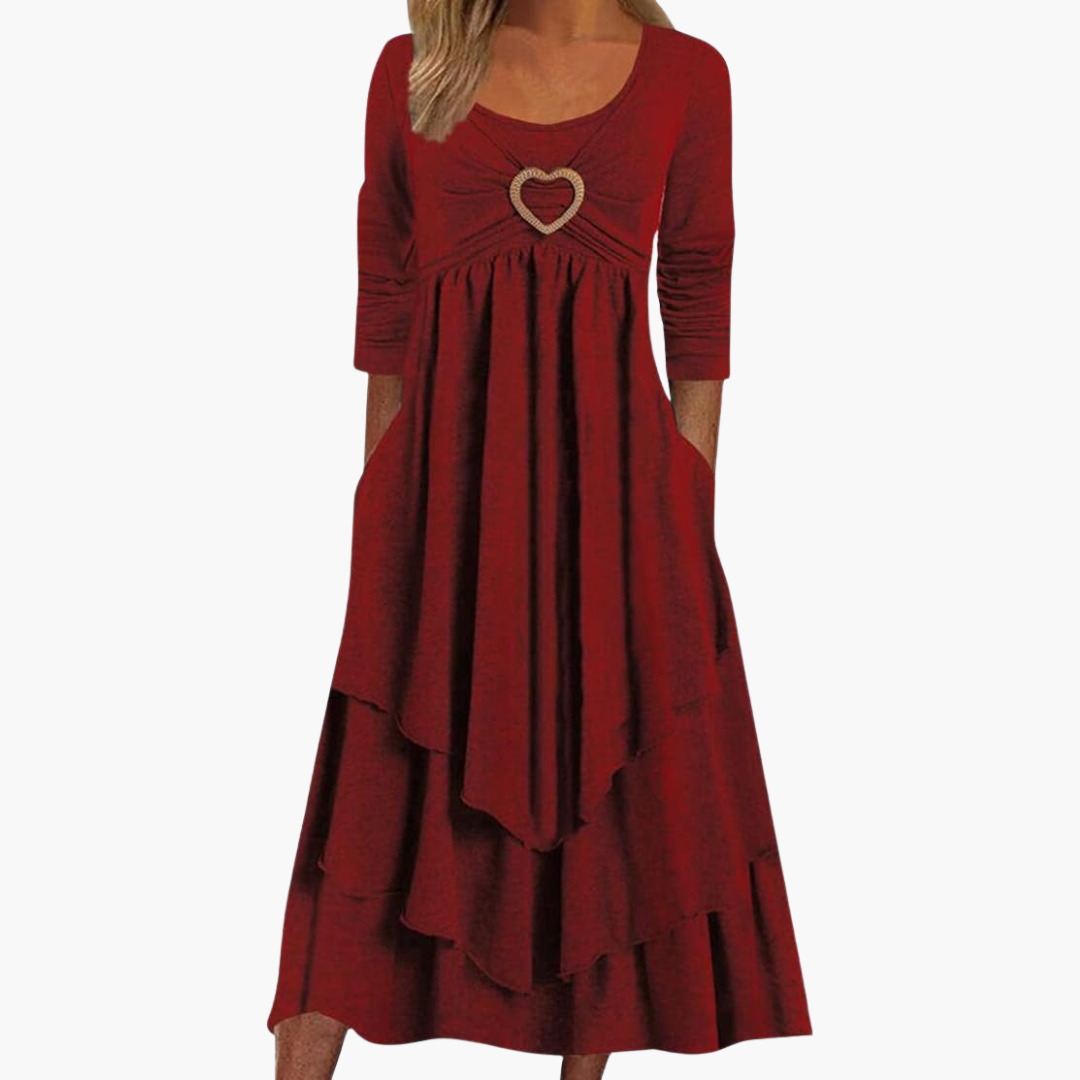 Women's Long Sleeve Midi Dress with Round Neckline and Tiered Design