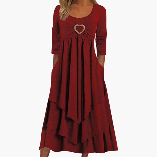 Women's Long Sleeve Midi Dress with Round Neckline and Tiered Design