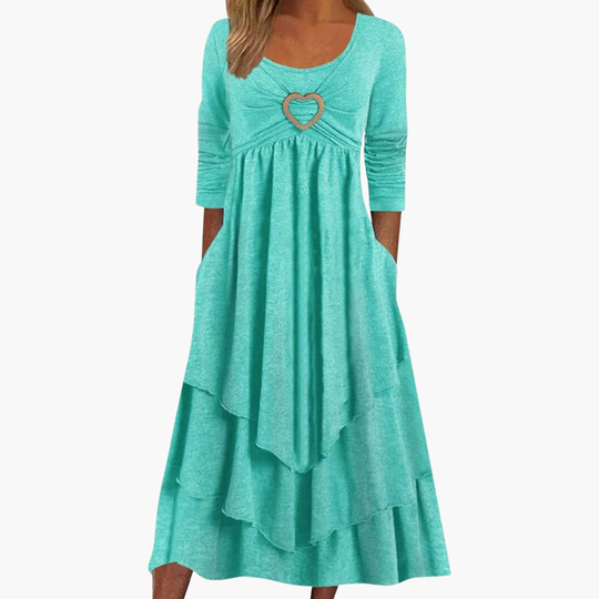 Women's Long Sleeve Midi Dress with Round Neckline and Tiered Design