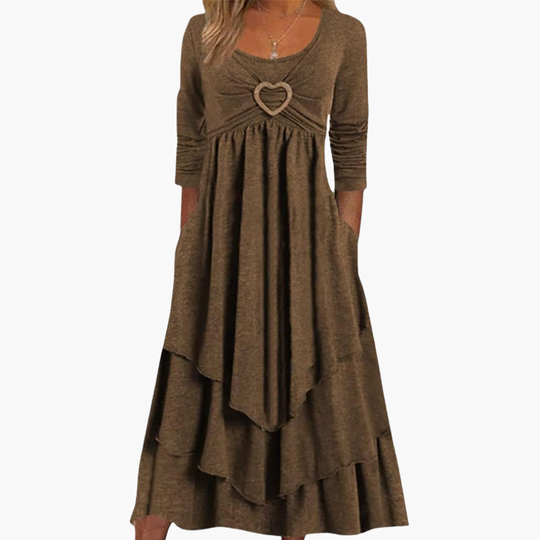 Women's Long Sleeve Midi Dress with Round Neckline and Tiered Design
