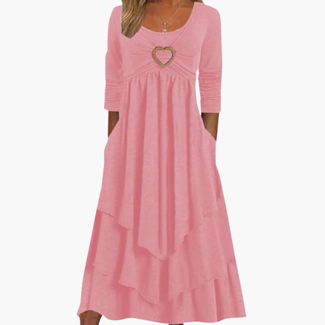 Women's Long Sleeve Midi Dress with Round Neckline and Tiered Design