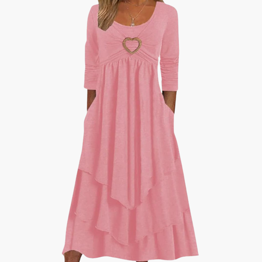 Women's Long Sleeve Midi Dress with Round Neckline and Tiered Design