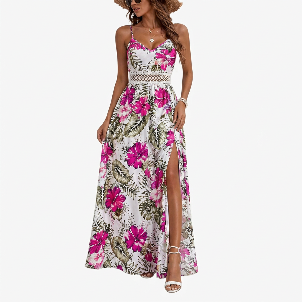 Women’s Maxi Dress with Lace Trim and Waist Cut Out