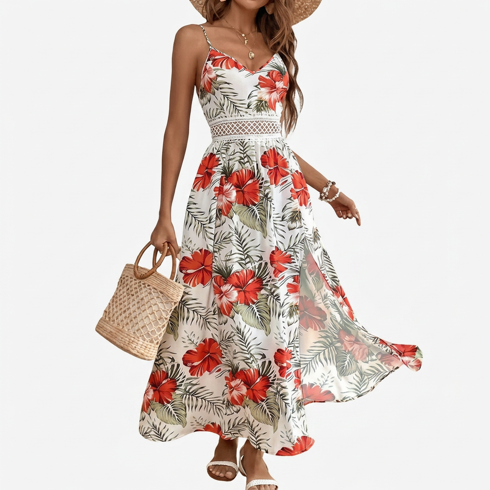 Women’s Maxi Dress with Lace Trim and Waist Cut Out