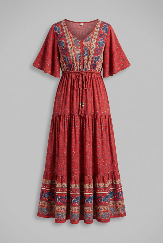 Women's Maxi Dress with V-neckline and Drawstring Waist