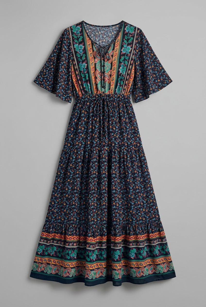 Women's Maxi Dress with V-neckline and Drawstring Waist