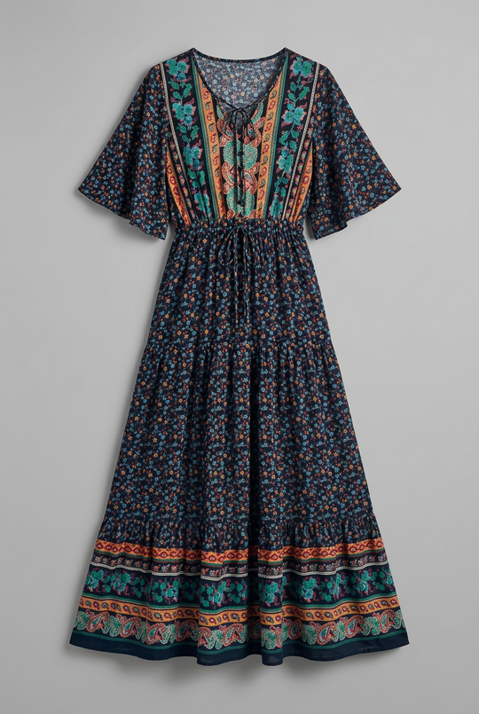 Women's Maxi Dress with V-neckline and Drawstring Waist