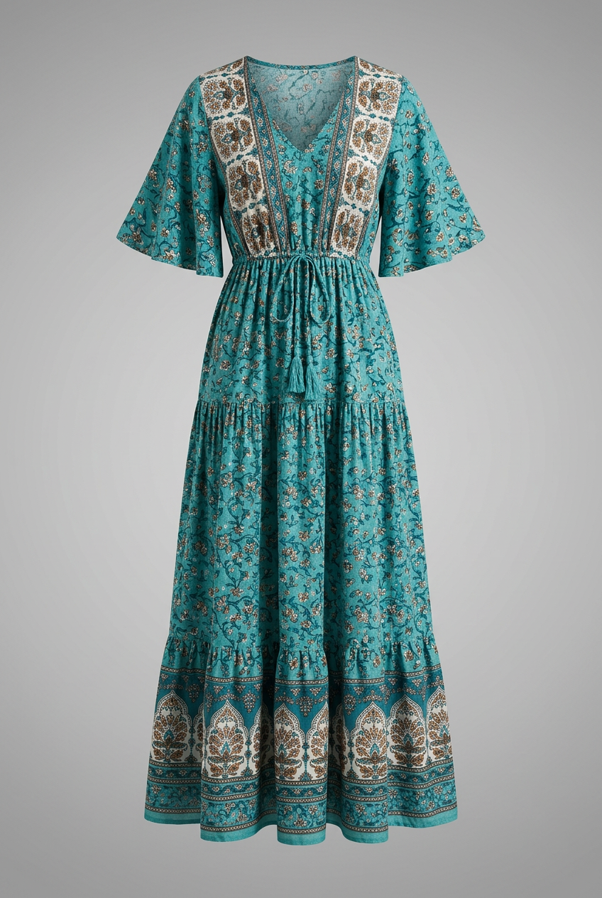 Women's Maxi Dress with V-neckline and Drawstring Waist