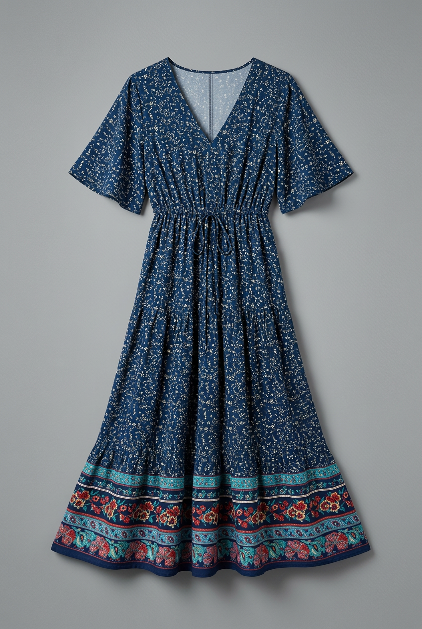 Women's Maxi Dress with V-neckline and Drawstring Waist