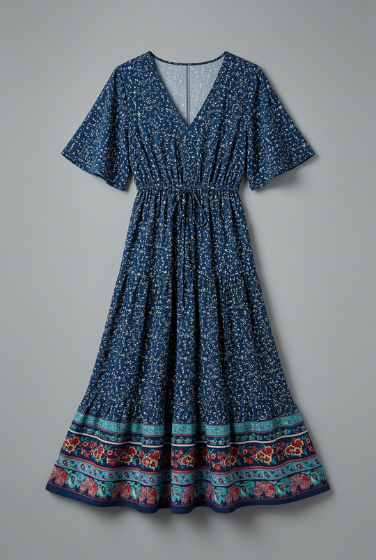 Women's Maxi Dress with V-neckline and Drawstring Waist