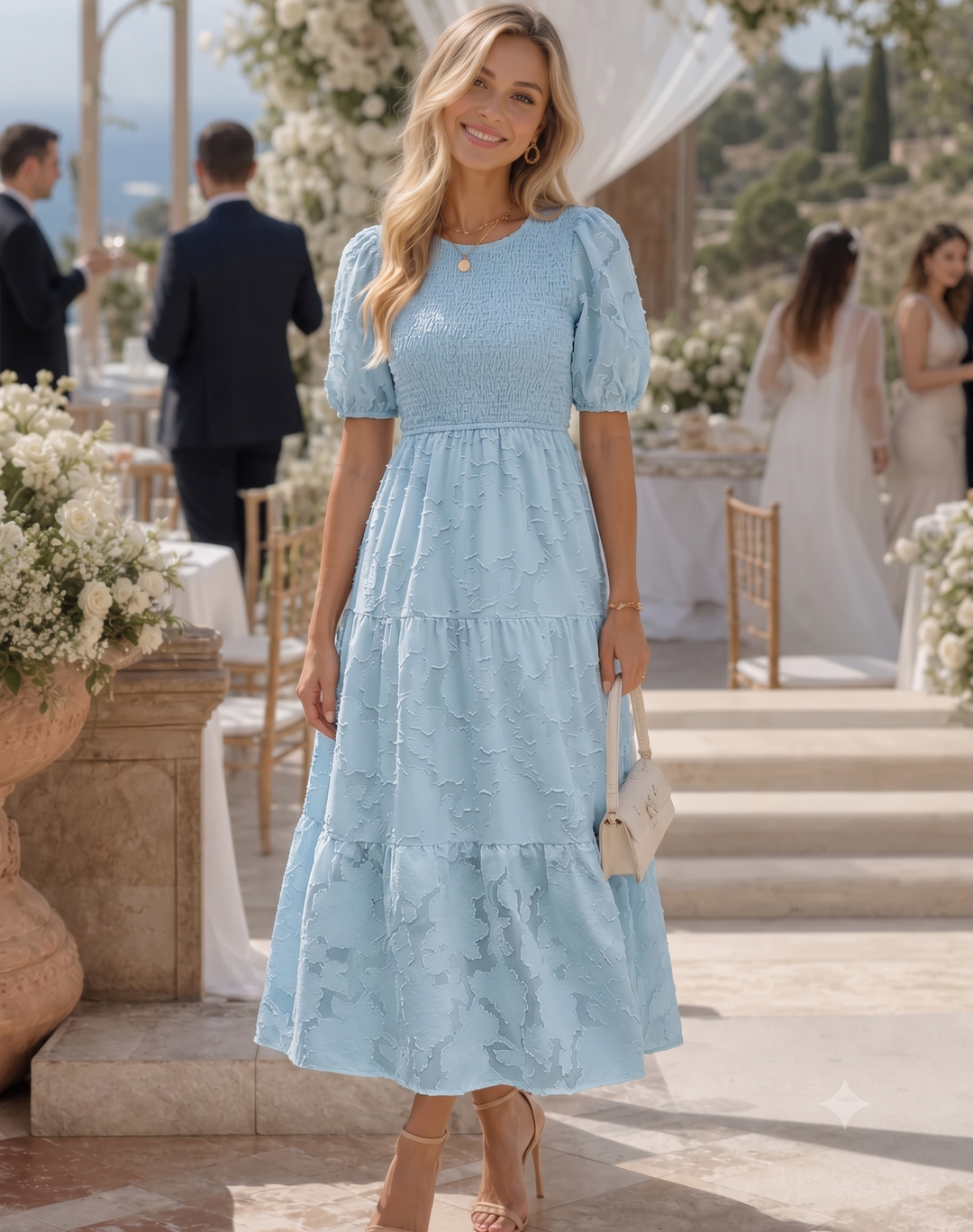Elaria | Women’s Midi Dress with Short Sleeves and Tiered Skirt