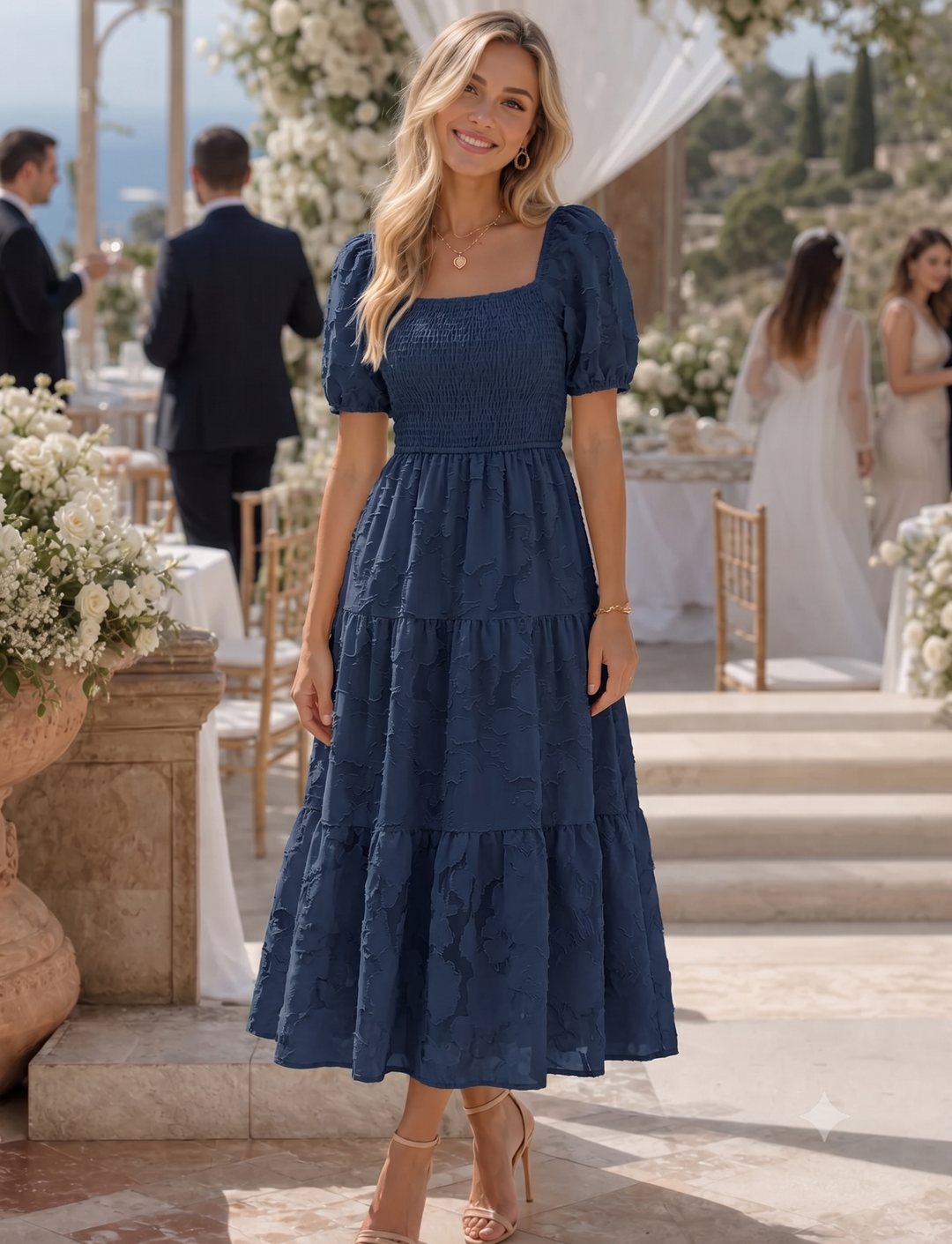 Elaria | Women’s Midi Dress with Short Sleeves and Tiered Skirt