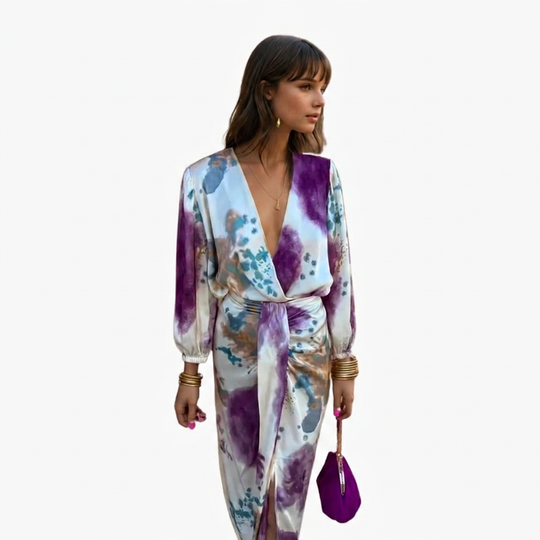 Women's Midi Dress with V-neck and Long Sleeves