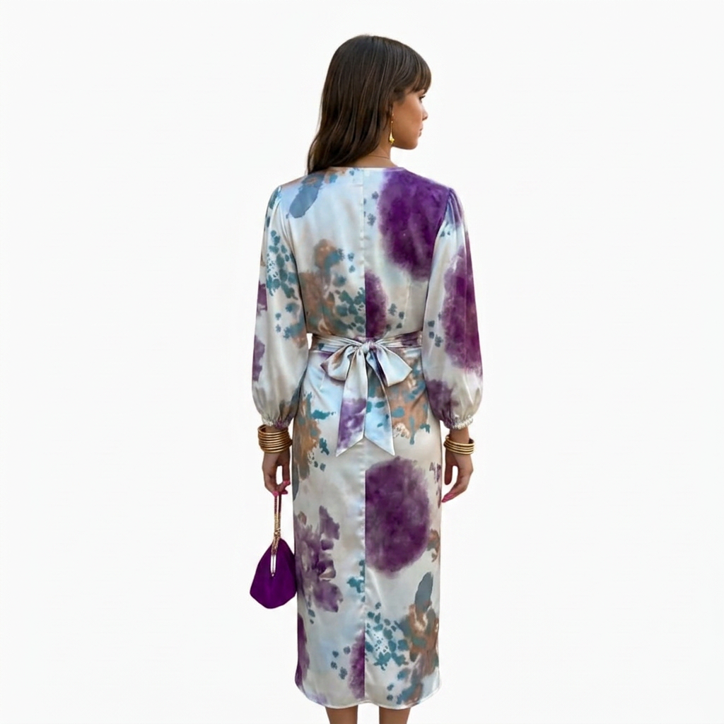 Women's Midi Dress with V-neck and Long Sleeves