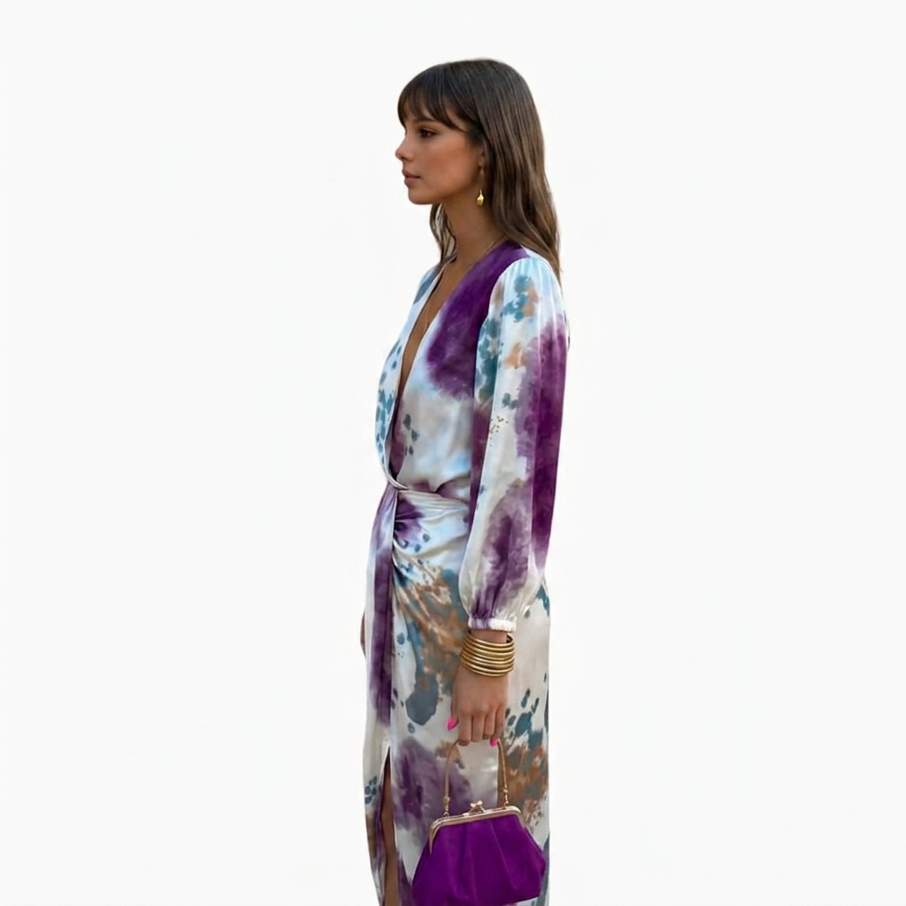 Women's Midi Dress with V-neck and Long Sleeves