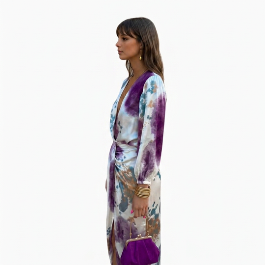 Women's Midi Dress with V-neck and Long Sleeves