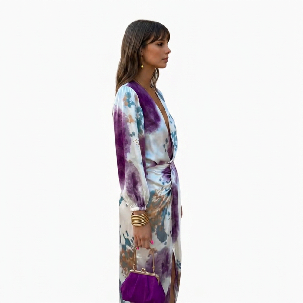 Women's Midi Dress with V-neck and Long Sleeves