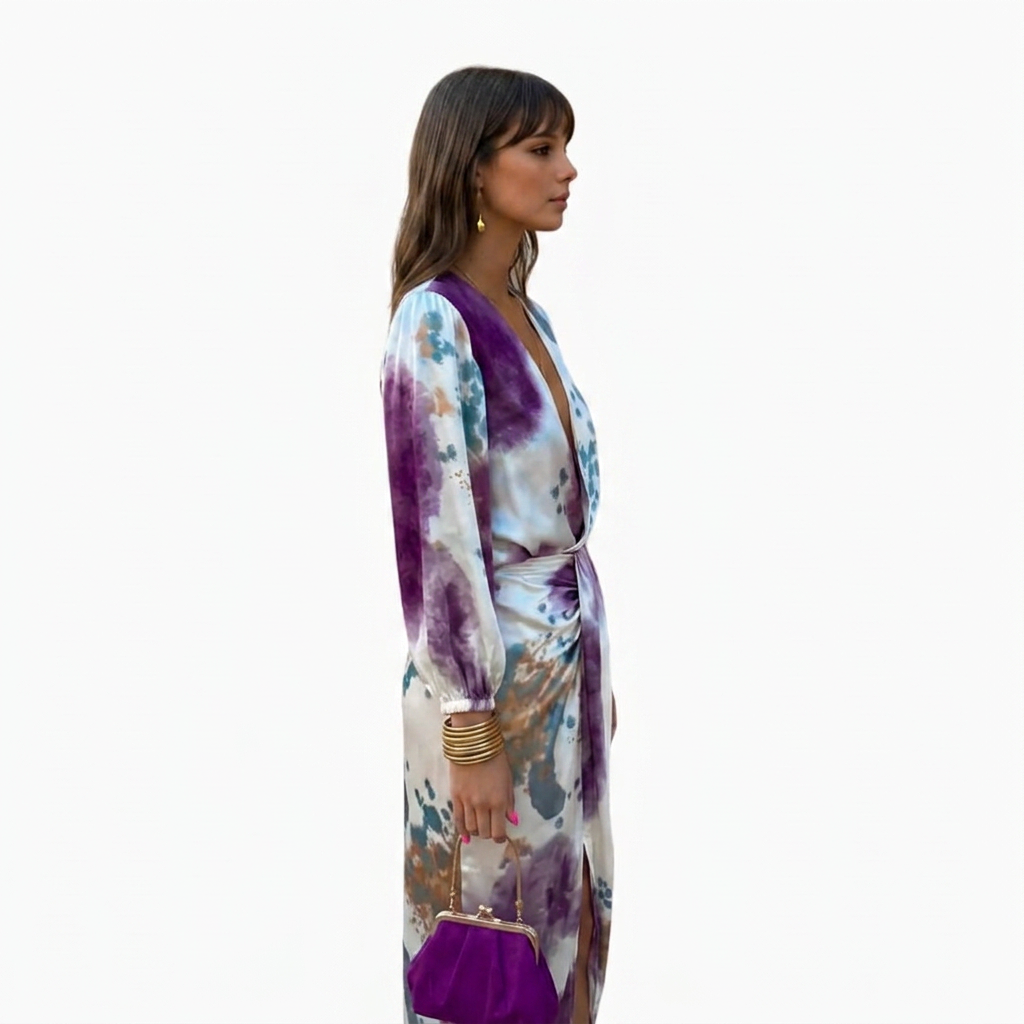 Women's Midi Dress with V-neck and Long Sleeves