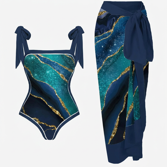 Women’s One-Piece Swimwear with Adjustable Tie Straps & Matching Wrap Skirt