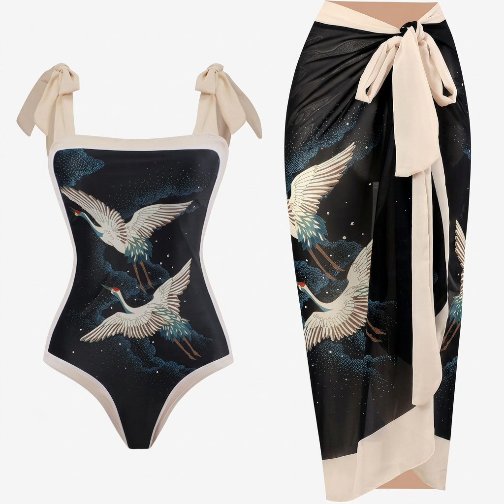 Women’s One-Piece Swimwear with Adjustable Tie Straps & Matching Wrap Skirt