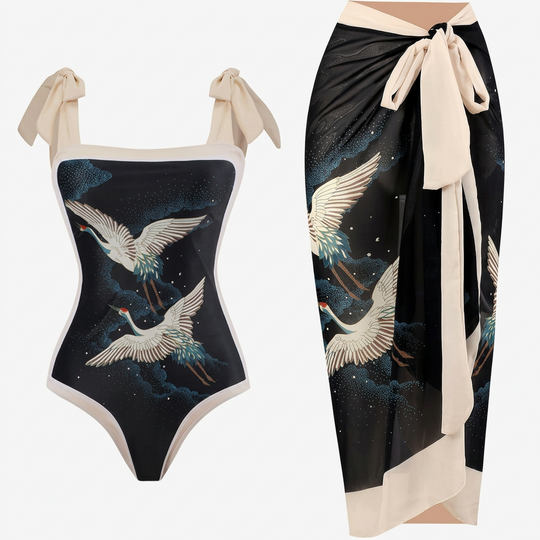 Women’s One-Piece Swimwear with Adjustable Tie Straps & Matching Wrap Skirt