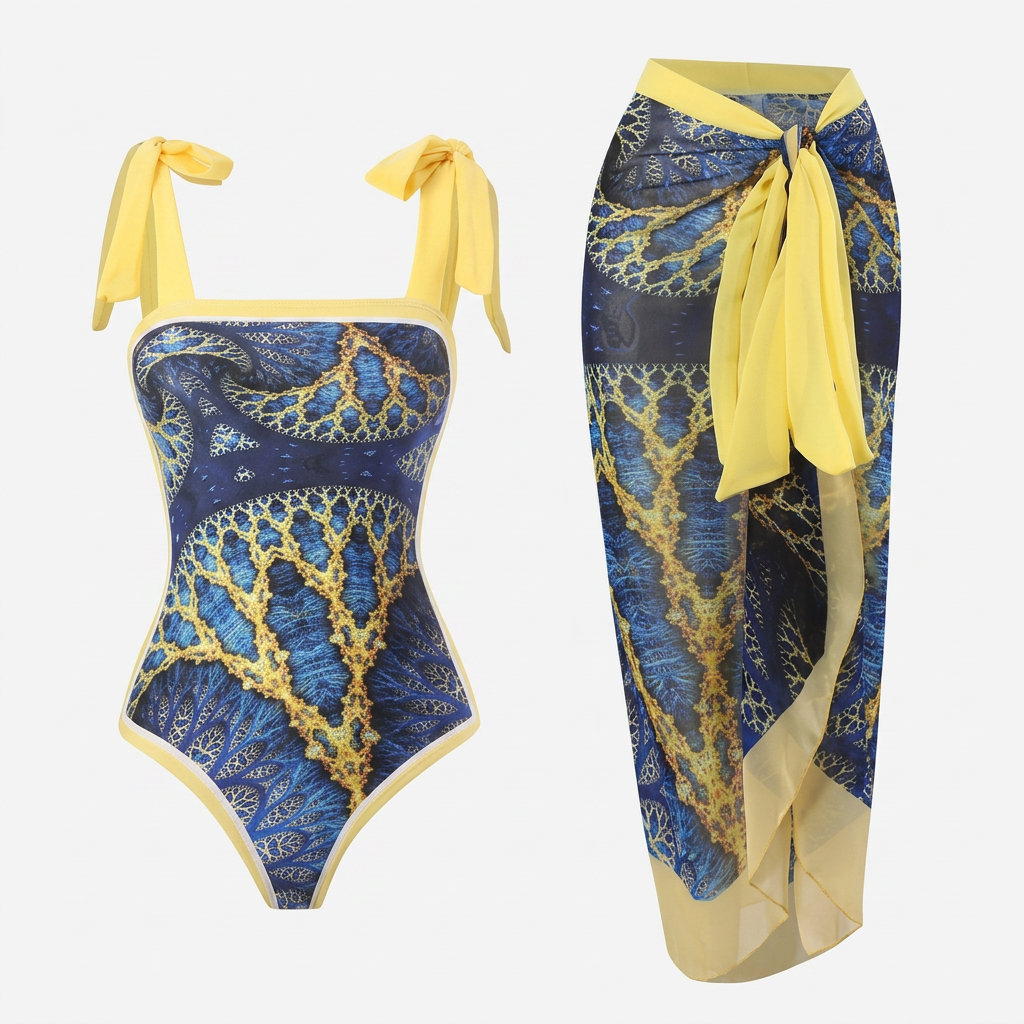 Women’s One-Piece Swimwear with Adjustable Tie Straps & Matching Wrap Skirt