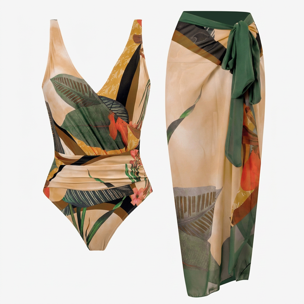Women’s One-Piece Swimwear with Adjustable Tie Straps & Matching Wrap Skirt