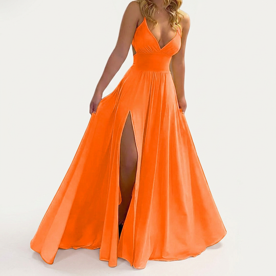 Women’s Spaghetti-Strap V-Neck Maxi Dress with Thigh-High Slit