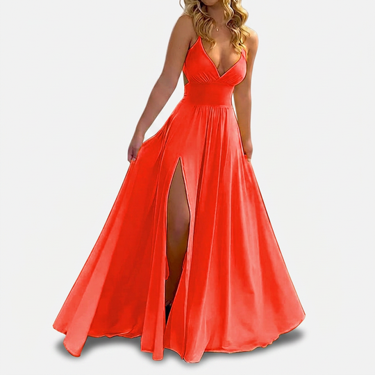 Women’s Spaghetti-Strap V-Neck Maxi Dress with Thigh-High Slit