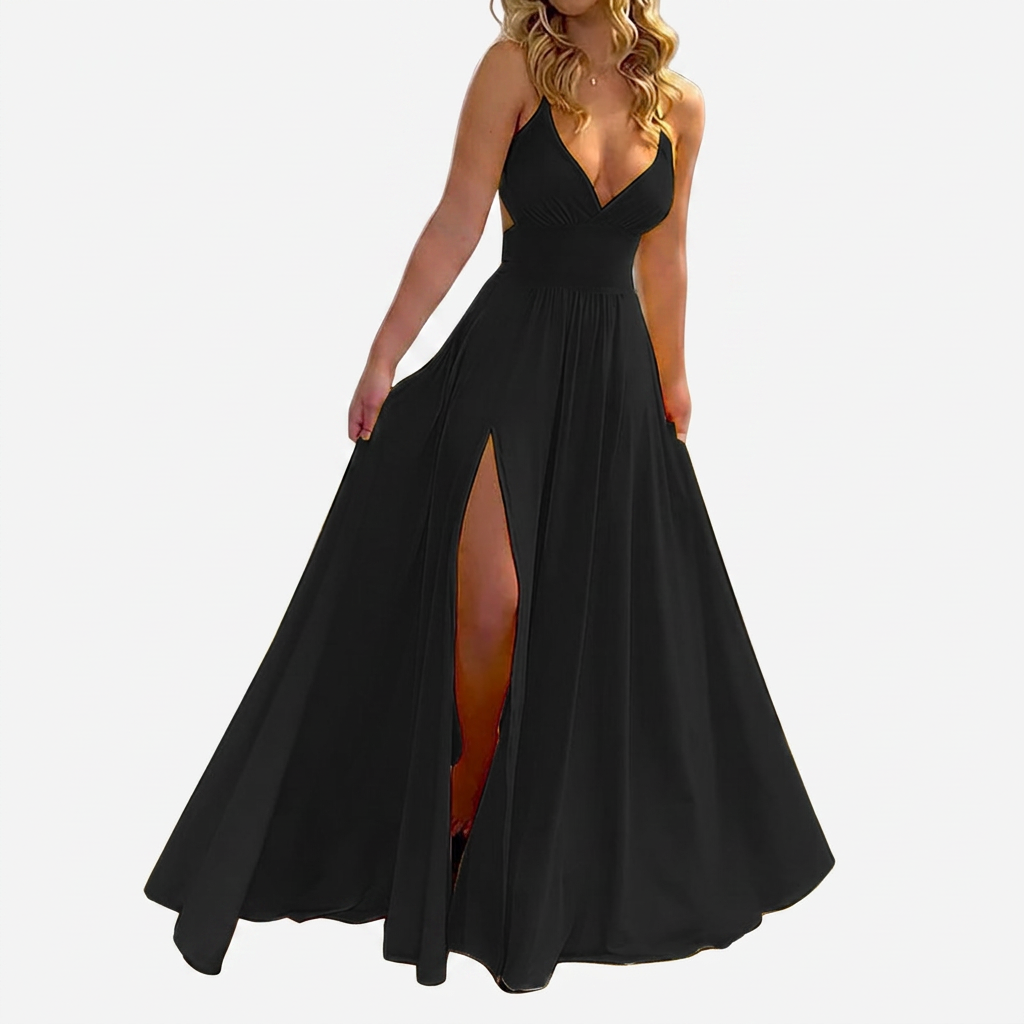 Women’s Spaghetti-Strap V-Neck Maxi Dress with Thigh-High Slit