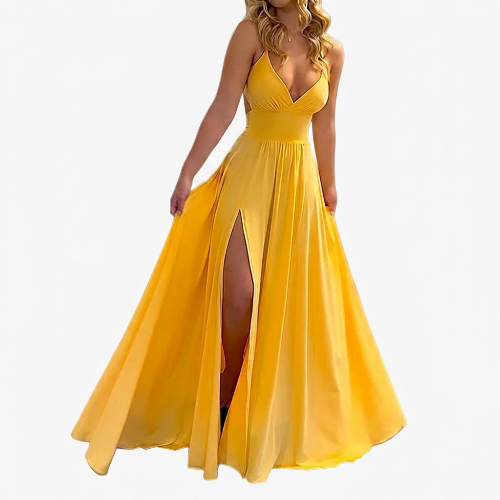 Women’s Spaghetti-Strap V-Neck Maxi Dress with Thigh-High Slit