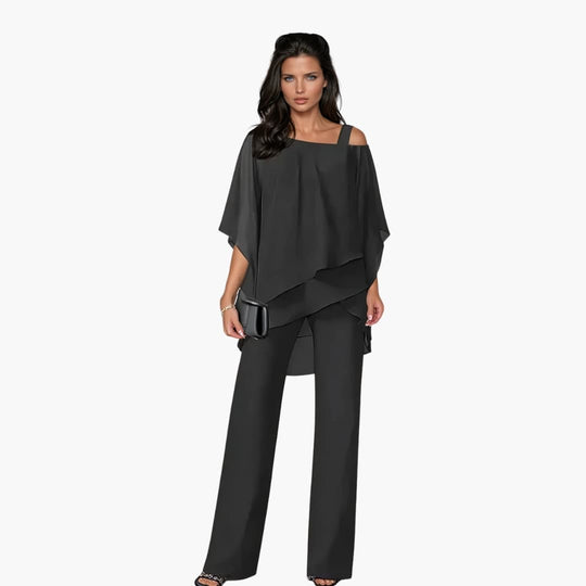 Women's Two-Piece Set with Asymmetrical Top and Wide-Leg Trousers