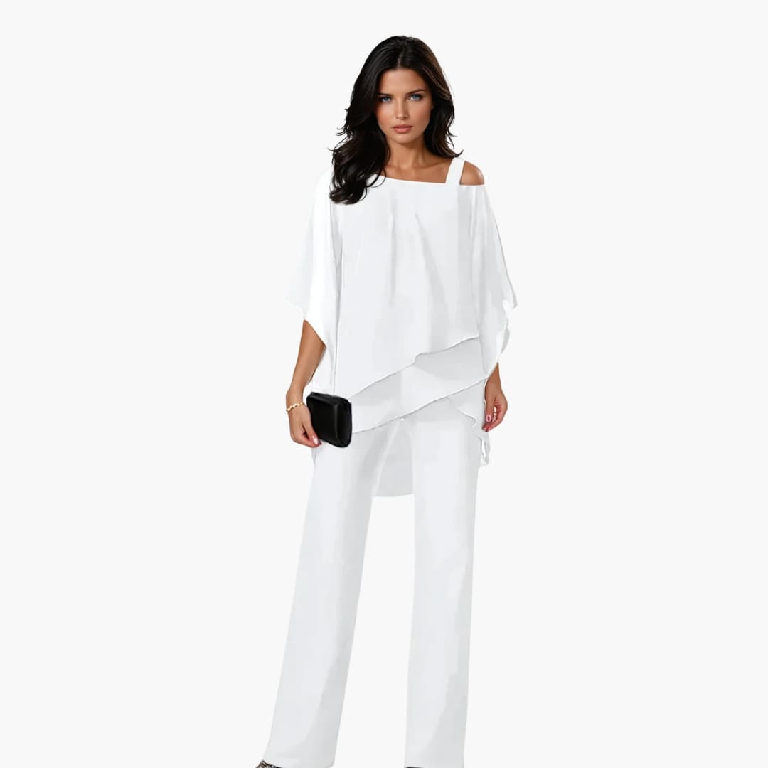 Women's Two-Piece Set with Asymmetrical Top and Wide-Leg Trousers