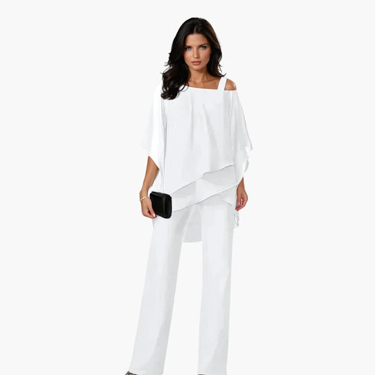 Women's Two-Piece Set with Asymmetrical Top and Wide-Leg Trousers