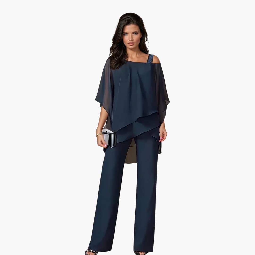 Women's Two-Piece Set with Asymmetrical Top and Wide-Leg Trousers