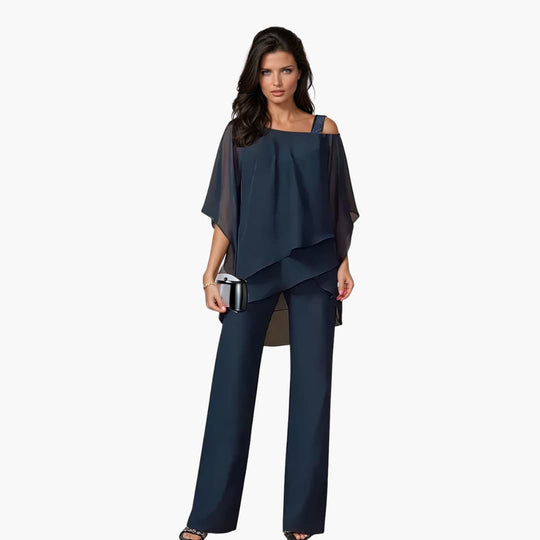 Women's Two-Piece Set with Asymmetrical Top and Wide-Leg Trousers