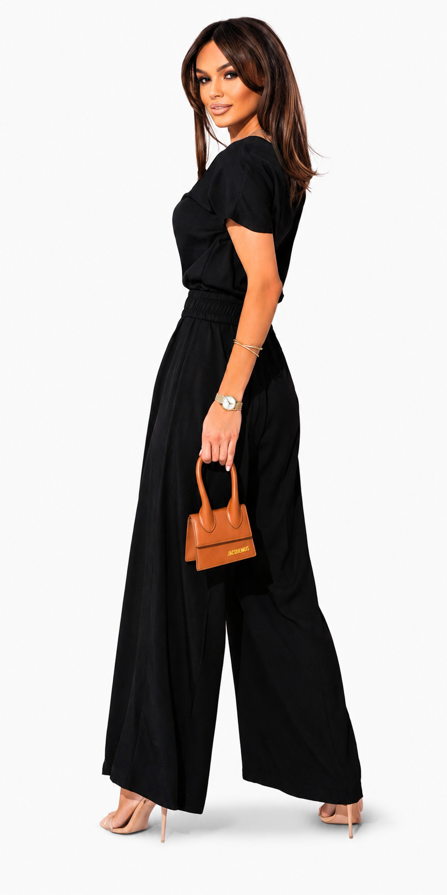 Women’s Wide-Leg Jumpsuit with V-Neckline and Buckled Belt