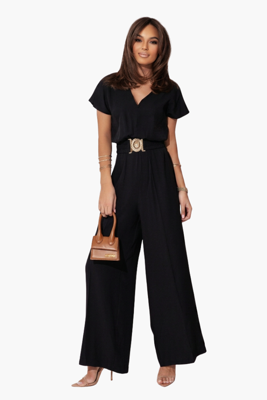Women’s Wide-Leg Jumpsuit with V-Neckline and Buckled Belt