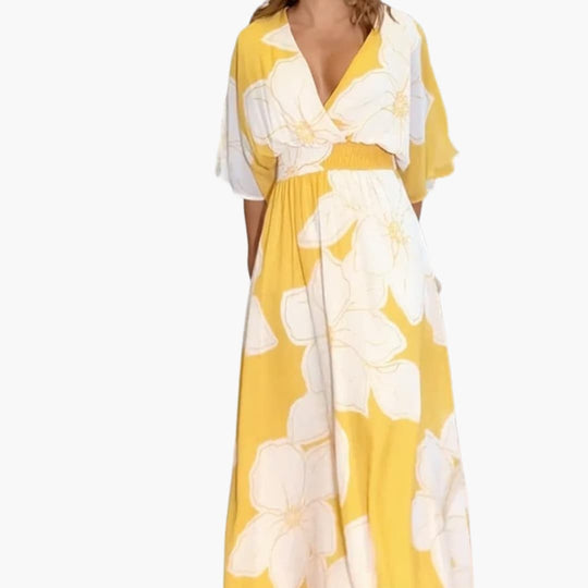 Women’s Floral Summer Dress with V-Neckline and Wide Short Sleeves