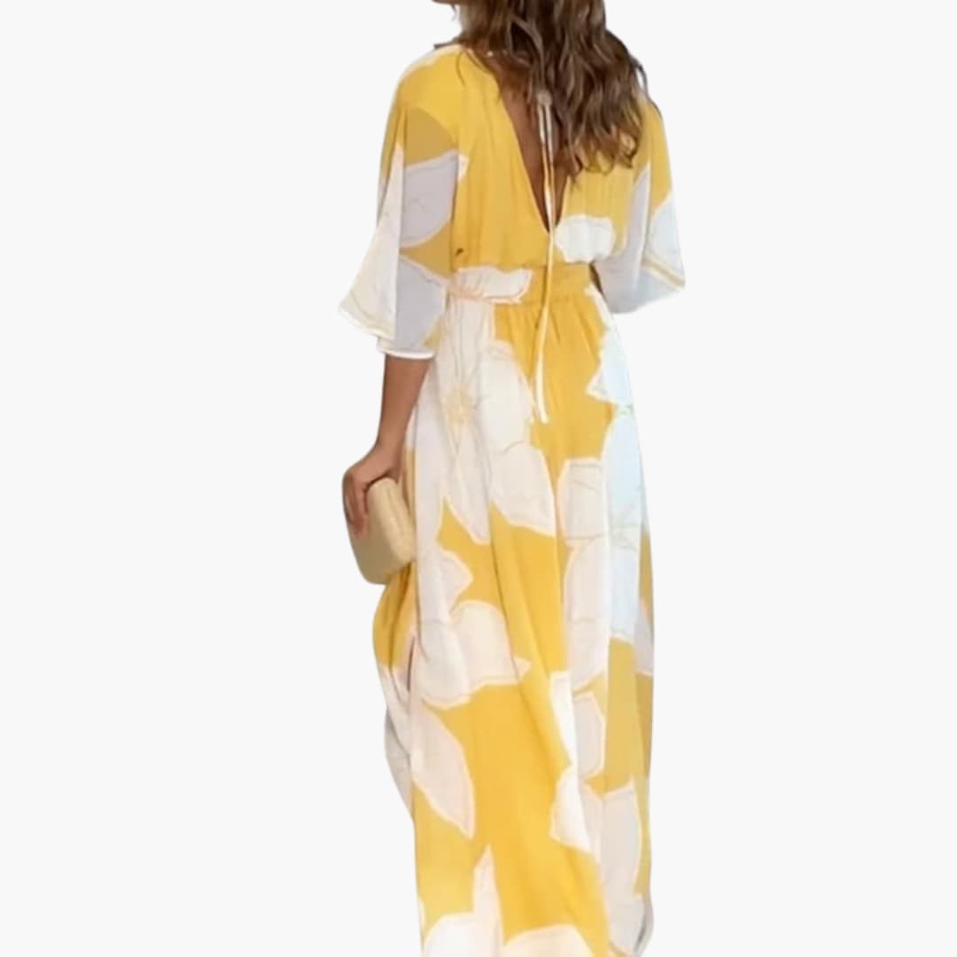 Women’s Floral Summer Dress with V-Neckline and Wide Short Sleeves