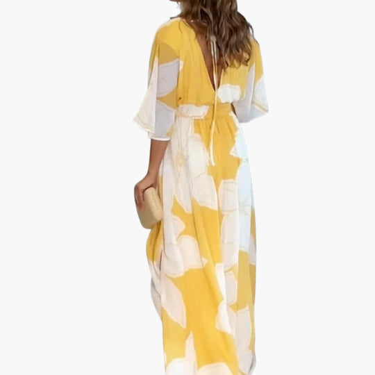 Women’s Floral Summer Dress with V-Neckline and Wide Short Sleeves
